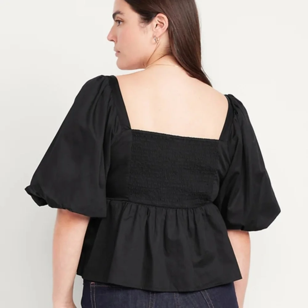 Old Navy Puff-Sleeve Poplin Peplum Top Black Jack Large NWT